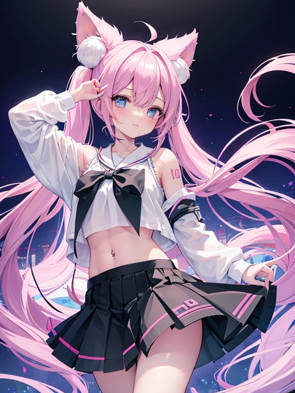 Chica anime,tennage girl 18 years old, anime style, cute hatsune miku x suicune, shy girl , Orejas de Kitsune, arte de dark natasha, city landscape, arte de vixen aztra, cuerpo completo, patas hermosas, cintura delgada, caderas amplias, navel white blouse, white&pink skirt, navel piercing, ear piercing, navel tattoo, atrevid pose, back pose, fluffly tail, sensual eyes (la mejor definicion) long hair, black flash, city party, city night life, party girl, idol girl, girl with microphone singing, deep blue eyes (HD), white&pink dress