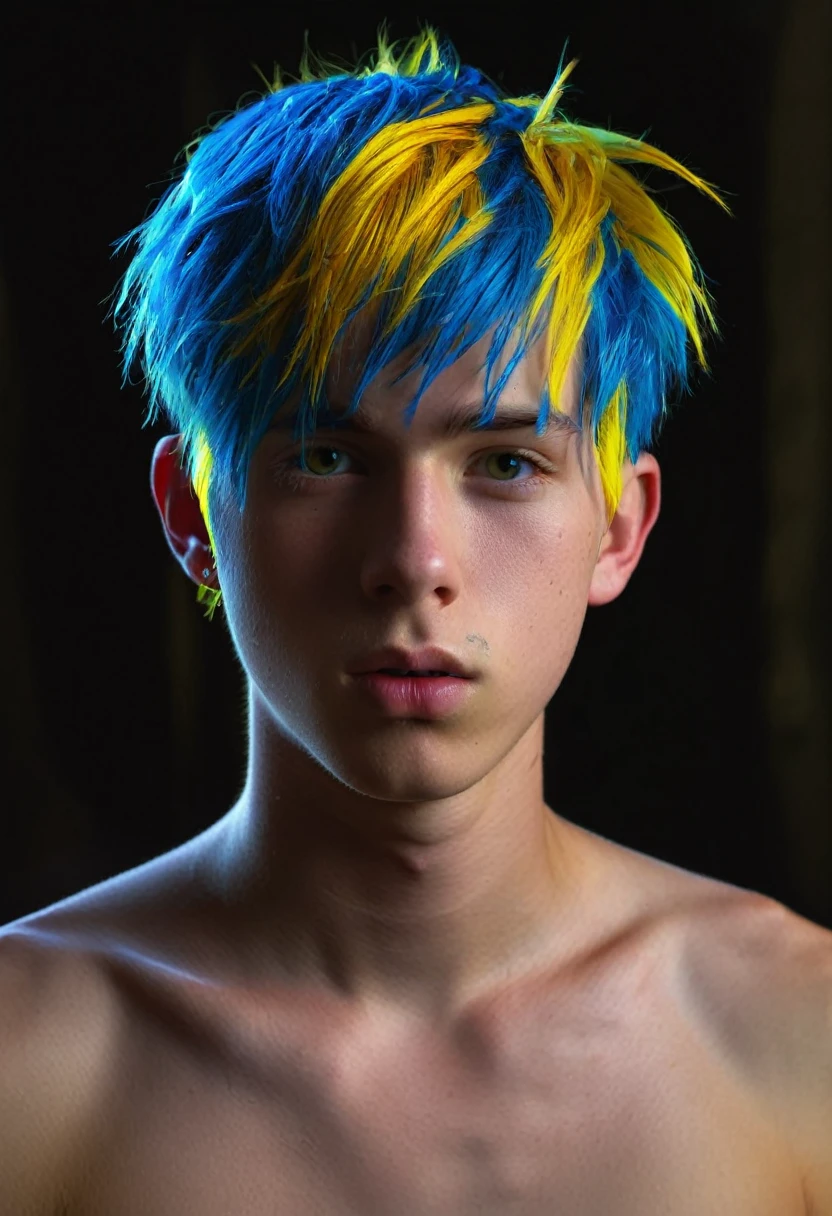 1boy, nude, arold, erect penis, blue head, yellow hair, daimon style, detailed face, ultra-detailed, 8k, photorealistic, masterpiece, cinematic lighting, vivid colors, dramatic lighting, chiaroscuro