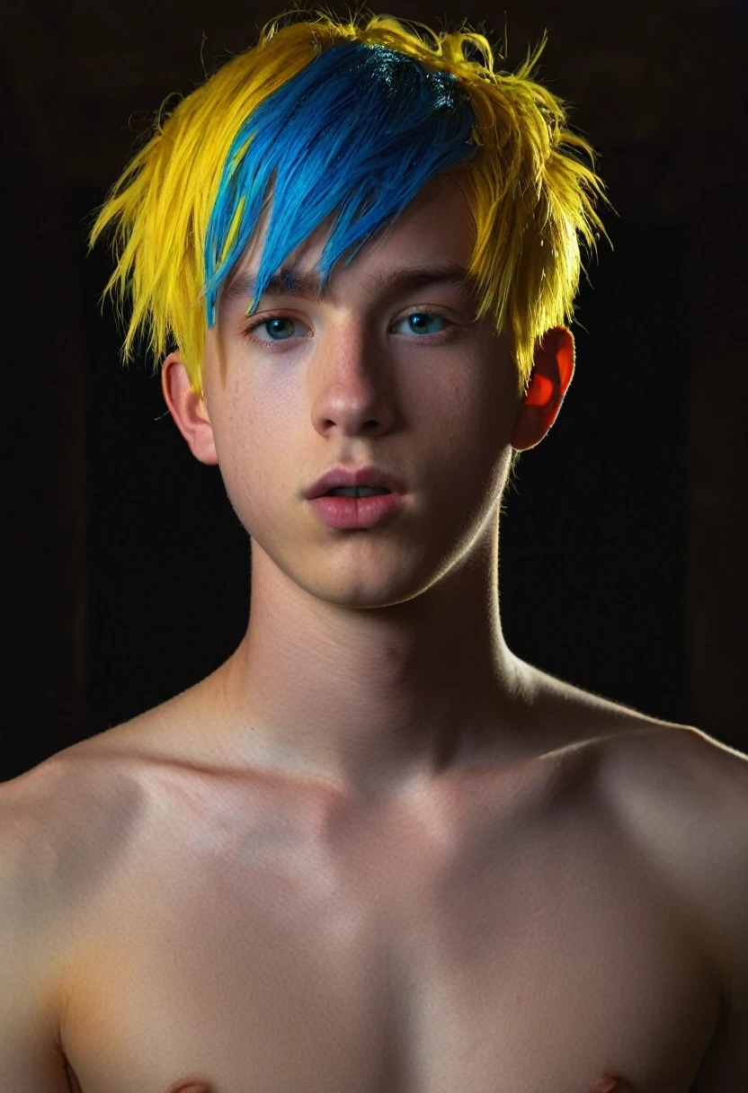 1boy, nude, 17yearold, erect penis, blue head, yellow hair, daimon style, detailed face, ultra-detailed, 8k, photorealistic, masterpiece, cinematic lighting, vivid colors, dramatic lighting, chiaroscuro