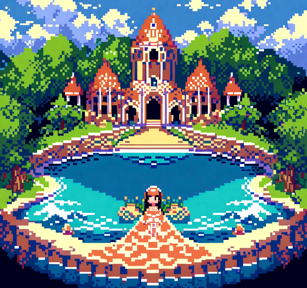 Setting and Environment: Imagine Belém do Pará in all its tropical splendor, captured in the nostalgic and detailed style of pixel art