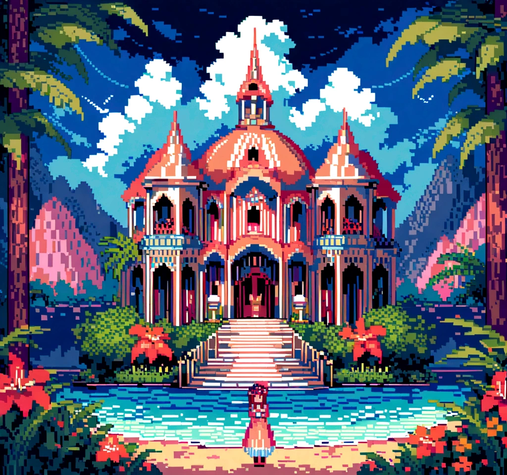 Setting and Environment: Imagine Belém do Pará in all its tropical splendor, captured in the nostalgic and detailed style of pixel art