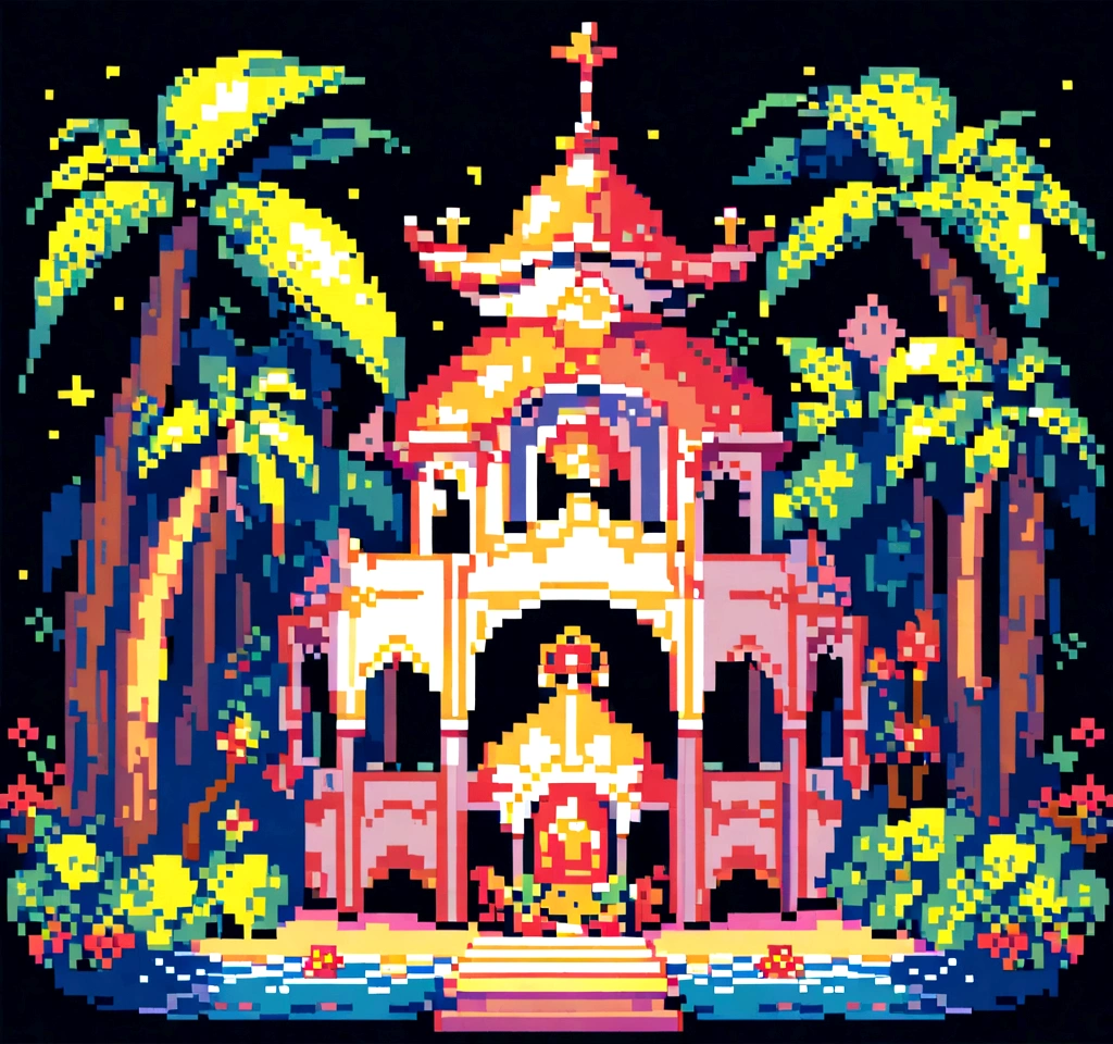 Setting and Environment: Imagine Belém do Pará in all its tropical splendor, captured in the nostalgic and detailed style of pixel art