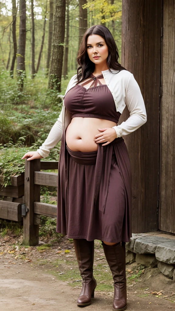 plus size woman with large belly, 45 years old, short dark hair. Clothing style feminine, viking, classical, and warm clothing, magical