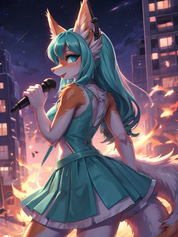 Chica anime,tennage girl 18 years old, anime style, cute hatsune miku x suicune, orange body,shy girl , Orejas de Kitsune, arte de dark natasha, city landscape, arte de vixen aztra, cuerpo completo, patas hermosas, cintura delgada, caderas amplias, navel white blouse, white&pink skirt, navel piercing, ear piercing, navel tattoo, atrevid pose, back pose, fluffly tail, sensual eyes (la mejor definicion) long hair, black flash, city party, city night life, party girl, idol girl, girl with microphone singing, deep blue eyes (HD), white&pink dress, super mega star idol, aura pura, silueta de luz, silueta radiante de luz dorada