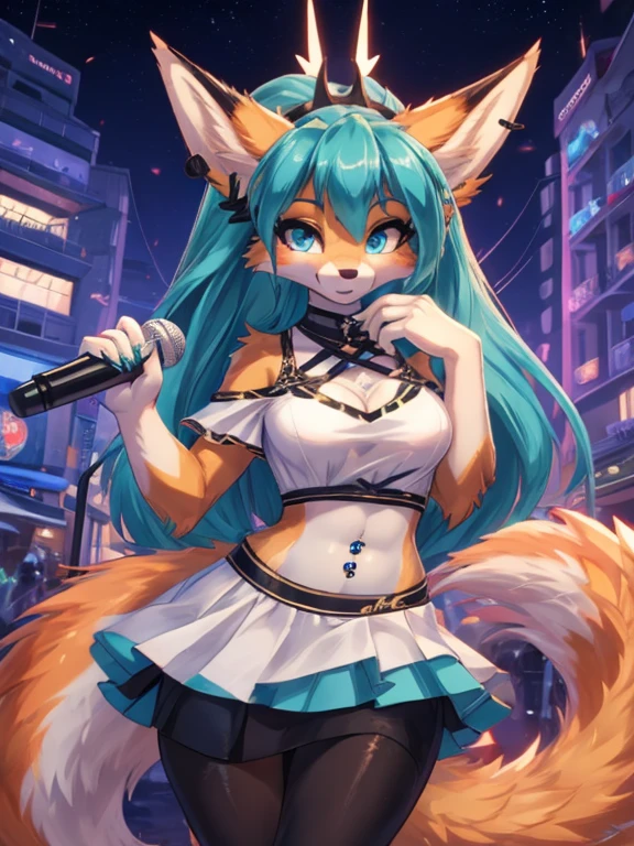Chica anime,tennage girl 18 years old, anime style, cute hatsune miku x suicune, orange body,shy girl , Orejas de Kitsune, arte de dark natasha, city landscape, arte de vixen aztra, cuerpo completo, patas hermosas, cintura delgada, caderas amplias, navel white blouse, white&pink skirt, navel piercing, ear piercing, navel tattoo, atrevid pose, back pose, fluffly tail, sensual eyes (la mejor definicion) long hair, black flash, city party, city night life, party girl, idol girl, girl with microphone singing, deep blue eyes (HD), white&pink dress, super mega star idol, aura pura, silueta de luz, silueta radiante de luz dorada