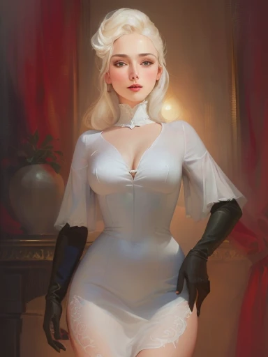 there is a digital painting of a woman in a white dress, lady dimitrescu, madonna genderbend elegant, inspired by Francesco Hayez, fully clothed. painting of sexy, lady gaga as evita, inspired by INO, digital matt painting, portrait of emma frost, pale woman, digital painted, androgynous vampire, painted character portrait