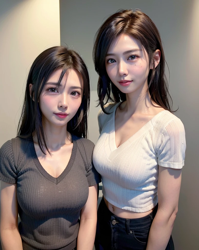 (in 8K, top-quality, masterpiece:1.2), (realisitic, Photorealsitic:1.37), ultra-detailliert, Natural sunlight, mideum breasts, I can see the cleavage, 1 persons, 25 year old woman, Dark hair, Pendants, Torn shorts, Light Knit V-Neck Shirt, At the time of performance, extremely detailed face and skin, A detailed eye, extremely detailed face and skin