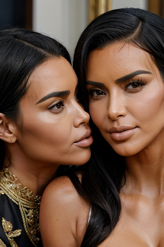 Kim kardashian dark lips naked with high ponytail and gelled silver hair silver sucking Megan Fox tits lying on her back on top fucking Kim while she pulls Kim's ponytail and and Kim screaming with pleasure in a bed silver hair