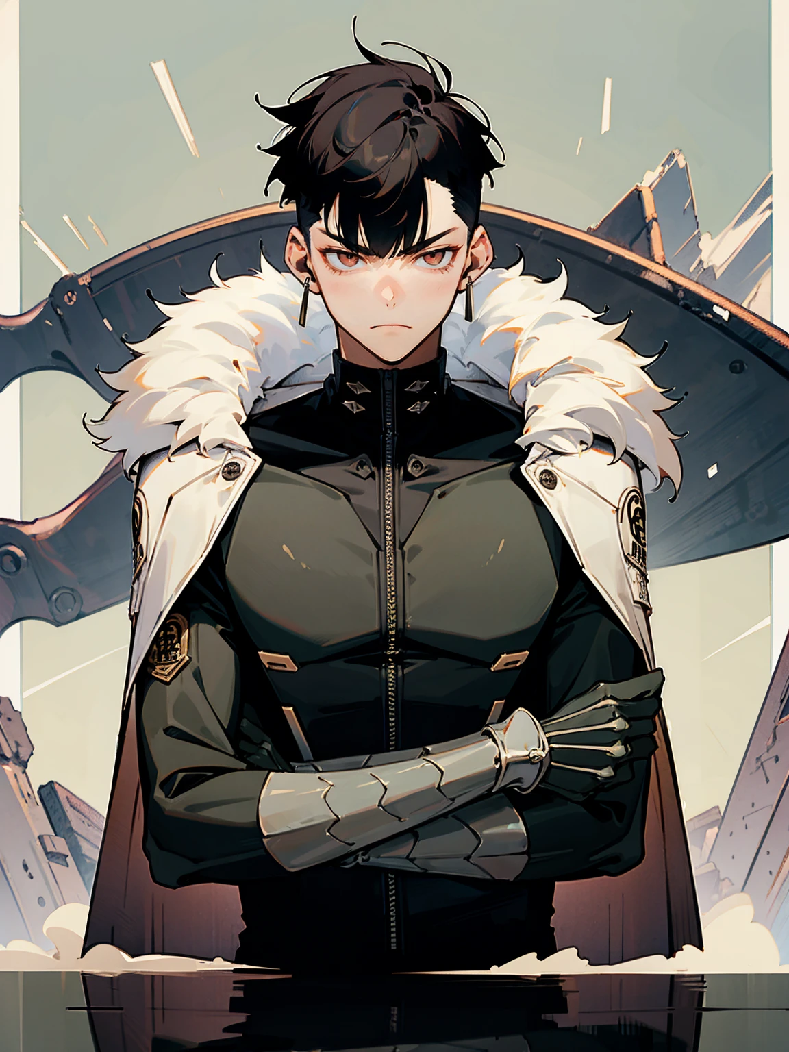 1male, black hair, bowlcut, modern undercut, oversized fur coat, eyes closed, laboratory, serious expression