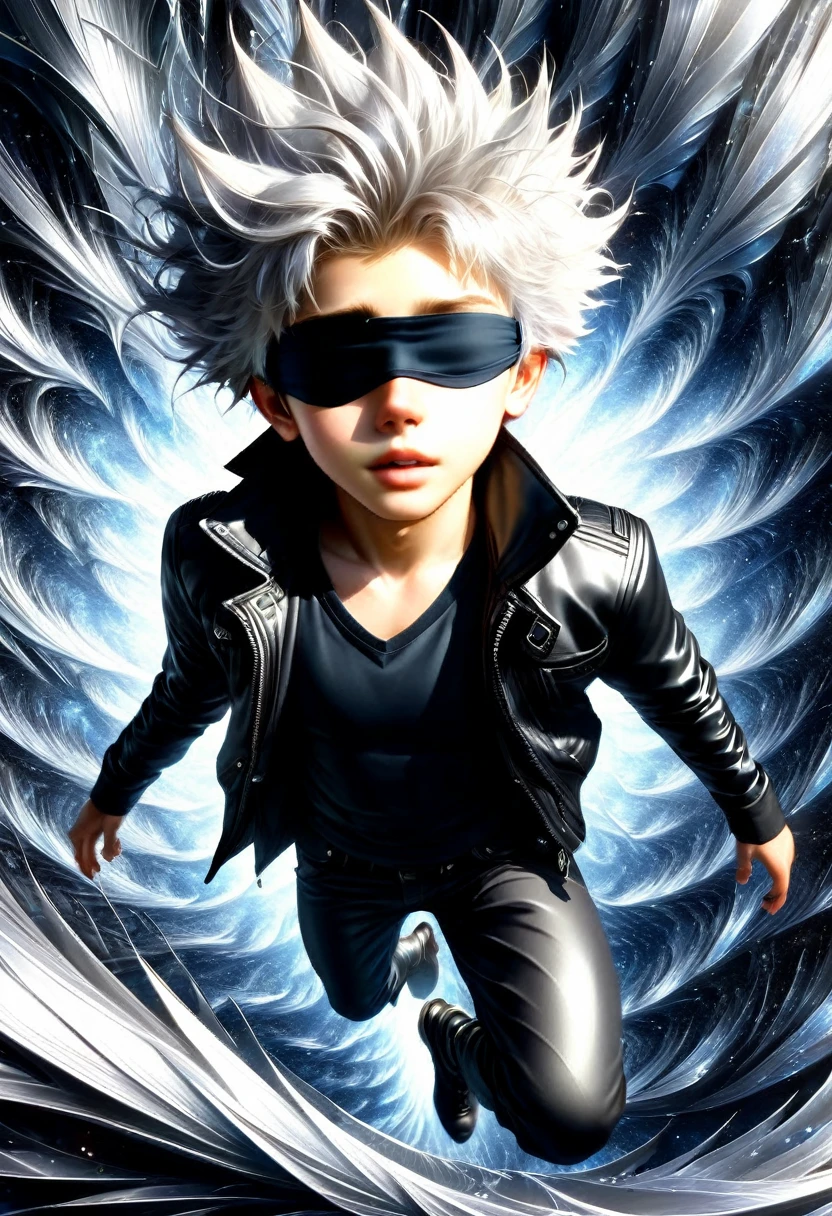 
     A boy in a black shirt wears a black eye patch、scarf, gray hair, Close up high dynamic range of man with spiky hair and white hair 

            
                 ( Perfect anatomical structure ) Handsome black jacket blue silver shiny swirling high dynamic vortex around man, Vortex Dynamic Masterpiece Perfect Composition Intricate Details Meticulous Digital Art 