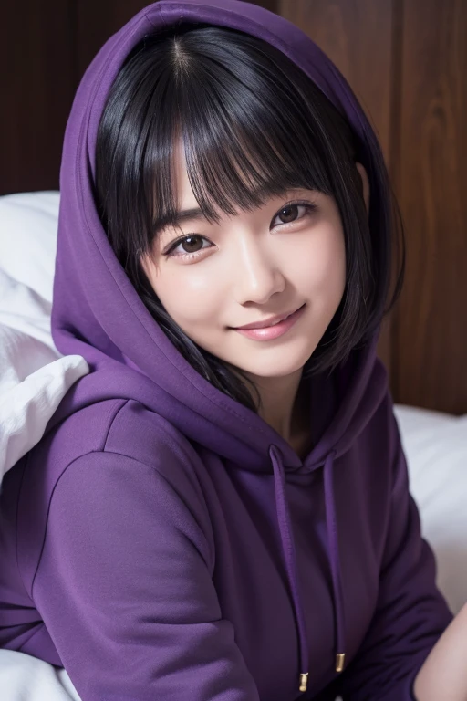 ((masterpiece, Highest quality)), (One Woman), (alone), (Focus on women), (Black Hair), (Medium Hair), (Purple hoodie), (mature), (23 years old), (Staring here), Smiling faintly, Lying in bed
