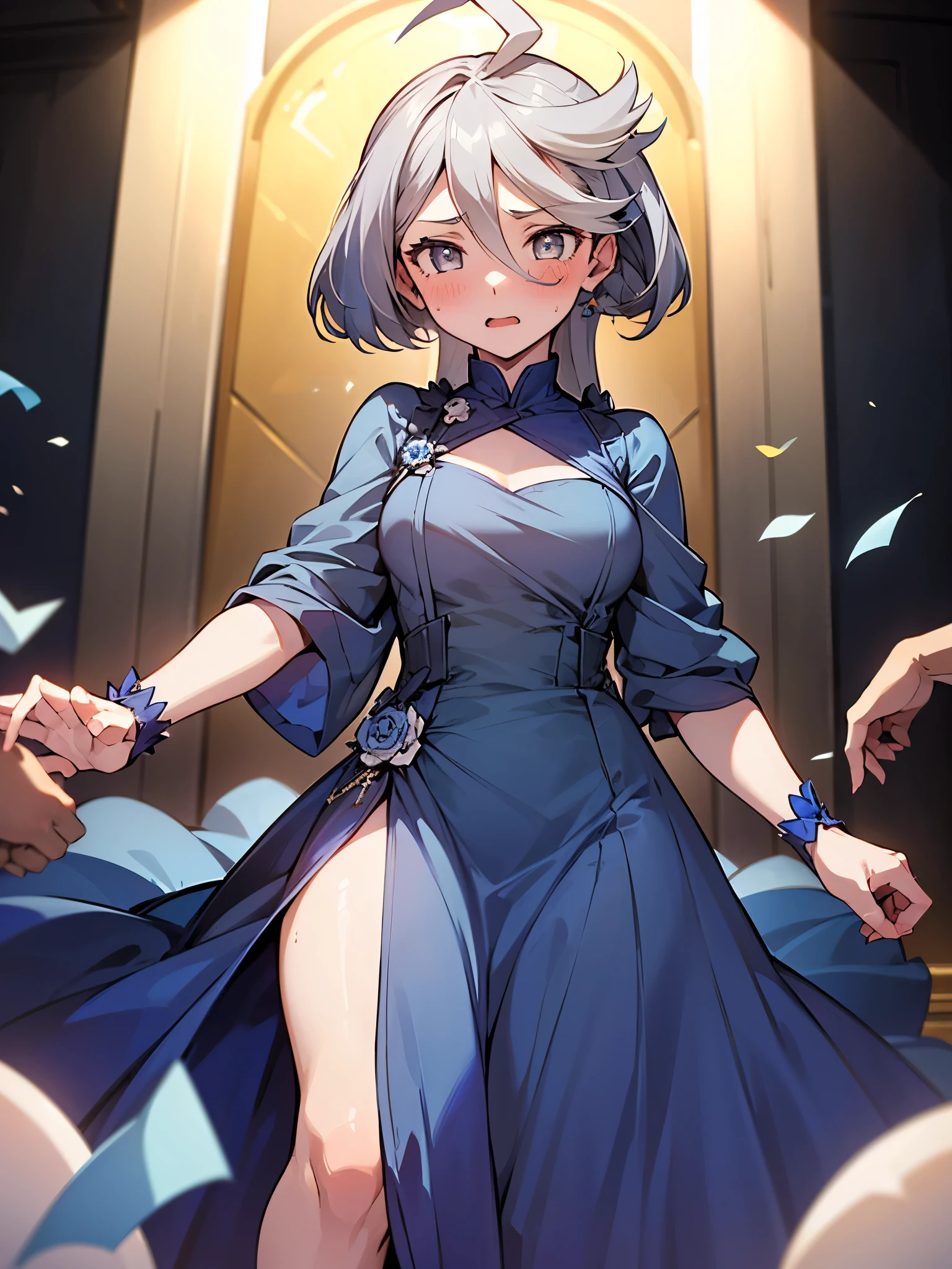 NSFW,(One Girl:1.5),miorine1、miorine rembran、Long Hair、Grey Eyes、Grey Hair、Ahoge,(Blue Party Dresses:1.5),(Perfect hands),(Perfect Anatomy),(masterpiece),(Highest quality),Embarrassed,blush,Party Venue,Luxurious mansion