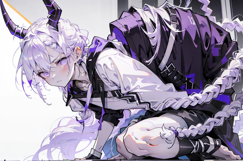 boy thoughtful look open forehead. white and purple hair braided in a ponytail on the left side to one side. sinuous black horns wrapped in dark purple ribbon. pale violet eyes. in short dark purple shorts. long white T-shirt. dark purple knee-high socks. white long coat with hood. black limit stone walls purple light from lamps sitting on the steps