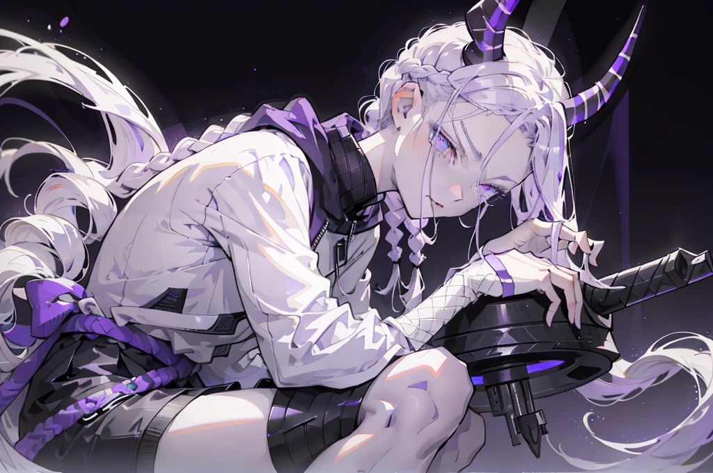 <lora:kou_granblue>, kou, 1boy, backless outfit, japanese clothes, anklet, hair ornament, hair over one eye, sitting down, from above, looking at viewer, flustered, blushing, annoyed, somber, teeth, sneer, bedroom, books, paper, math, <lora:DB_manga_v2m> (manga style, black and white, ink:1.3)