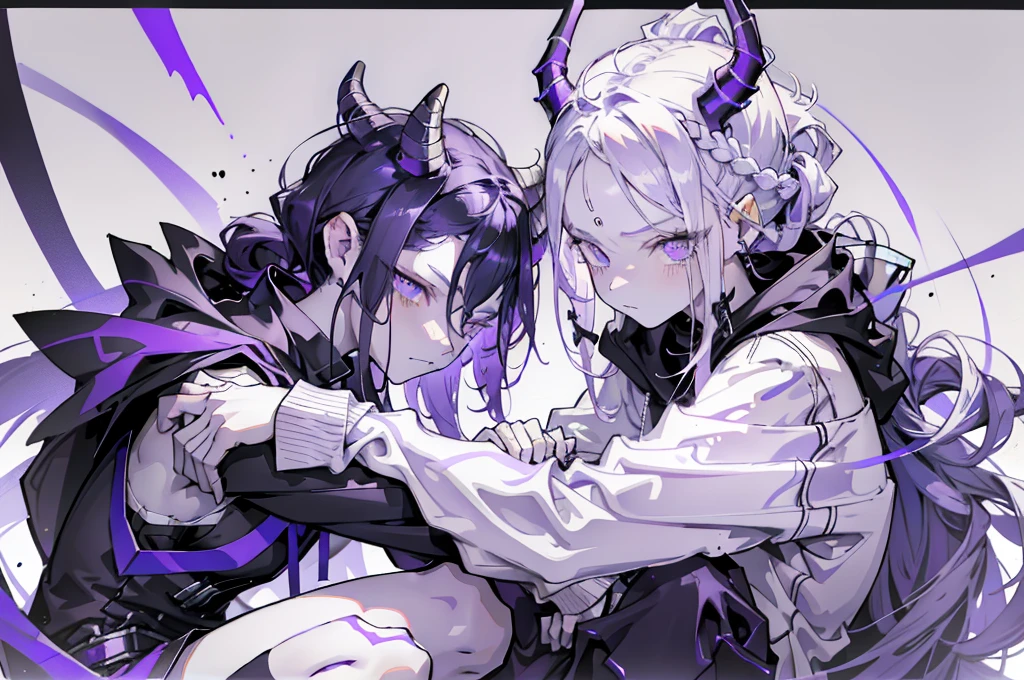 boy. thoughtful look. open forehead. black and purple hair tied in a bun on the left side to one side. sinuous black horns wrapped in dark purple ribbon. pale violet eyes. in short dark purple shorts. long white T-shirt. dark purple knee-high socks. dark_purple long coat with hood. древние dark_purple stone dungeon walls. purple light from lamps on the ceiling beams