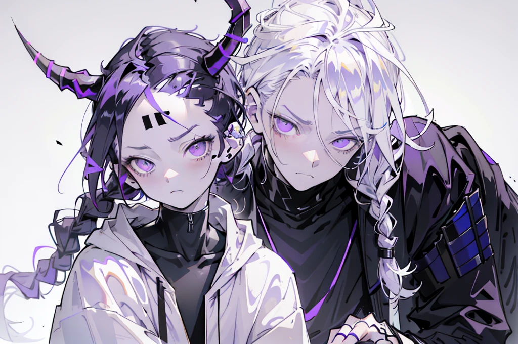 boy thoughtful look open forehead. white and purple hair braided in a ponytail on the left side to one side. sinuous black horns wrapped in dark purple ribbon. pale violet eyes. in short dark purple shorts. long white T-shirt. dark purple knee-high socks. white long coat with hood. black limit stone walls purple light from lamps sitting on the steps