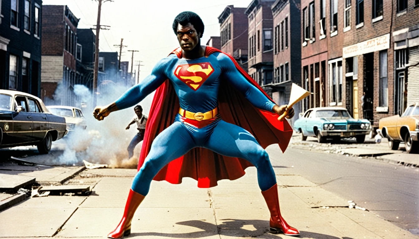 1970s photo of "Black Superman" fighting crime in the ghetto