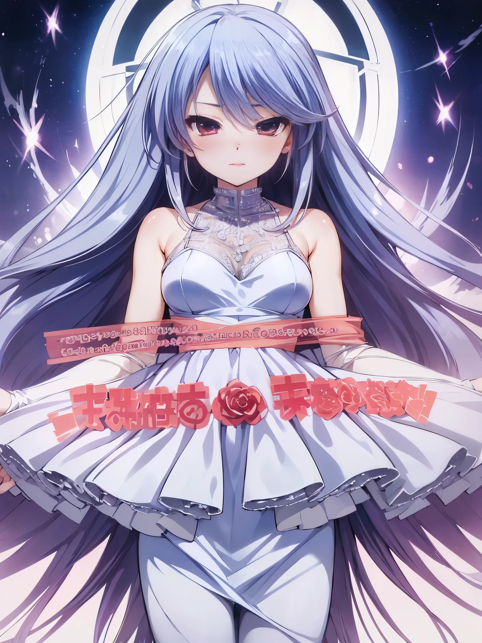 NSFW,Kazuki Kazami、Silver Hair、Long Hair、Red Eye、(High-quality tight dress:1.7),(Perfect hands),(Perfect Anatomy),(masterpiece),(Highest quality),Embarrassed,blush,Luxurious mansion,chandelier