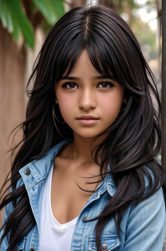 Adscente girl
Cabello marrones con mechas de colores en las puntas, ojos lilas, ropas color negro, delineado negro, estampillas en su rostro.