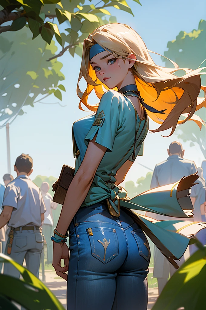 RAW photo of 20 years old Doutzen Kroes, dressed in blue peasant blouse paired with bell-bottom jeans and fringe accessories. She wears a headband or flower crown in her long, flowing hair. The setting is a bohemian-inspired outdoor music festival or a peaceful nature backdrop, capturing the free-spirited and laid-back vibe of the era 60Retro69Punch75, beautiful woman looking back over her shoulder as she lends lightly forward with her exposing her gapped asshole with some cum leaking out of it
