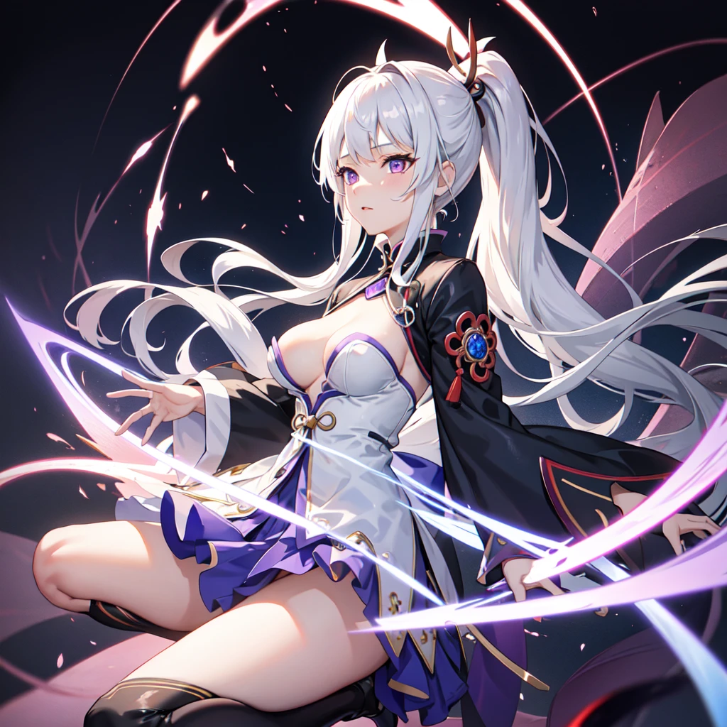 1girl, japanese clothes, ponytail ,white hair, purple eyes, magic circle, blue fire, blue flames, wallpaper, landscape, , bloodtter, depth of field, night, light particles, light rays, sidelighting, thighs, fate \(series\), genshin impact, , open jacket, skirt, thighhighs, cloud showing her naked breasts and vagina