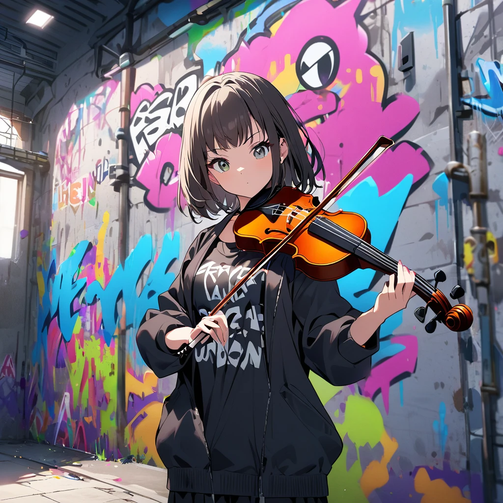 A girl with a swag style playing the violin inside a building with graffiti-covered walls. On the wall behind her, there's a large, vibrant graffiti that says 'Feel it,' adding an urban and cool vibe to the scene.