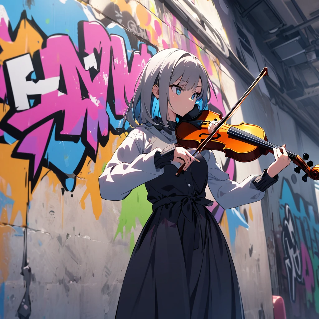 A girl with a swag style playing the violin inside a building with graffiti-covered walls. On the wall behind her, there's a large, vibrant graffiti that says 'Feel it,' adding an urban and cool vibe to the scene.
