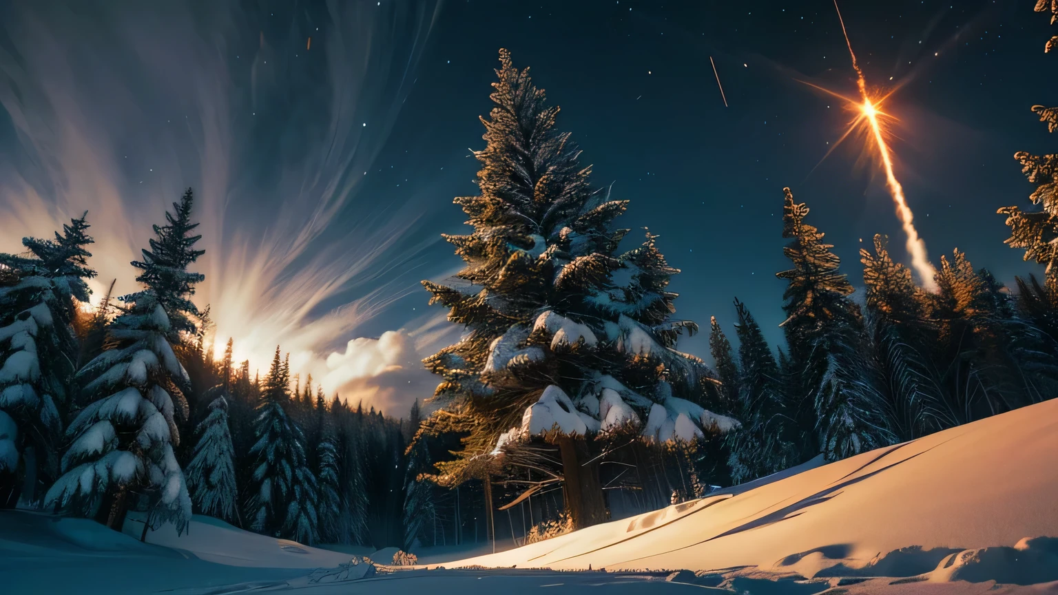 Dramatic lighting, chiaroscuro, missiles being launched over a spruce forest under deep snow