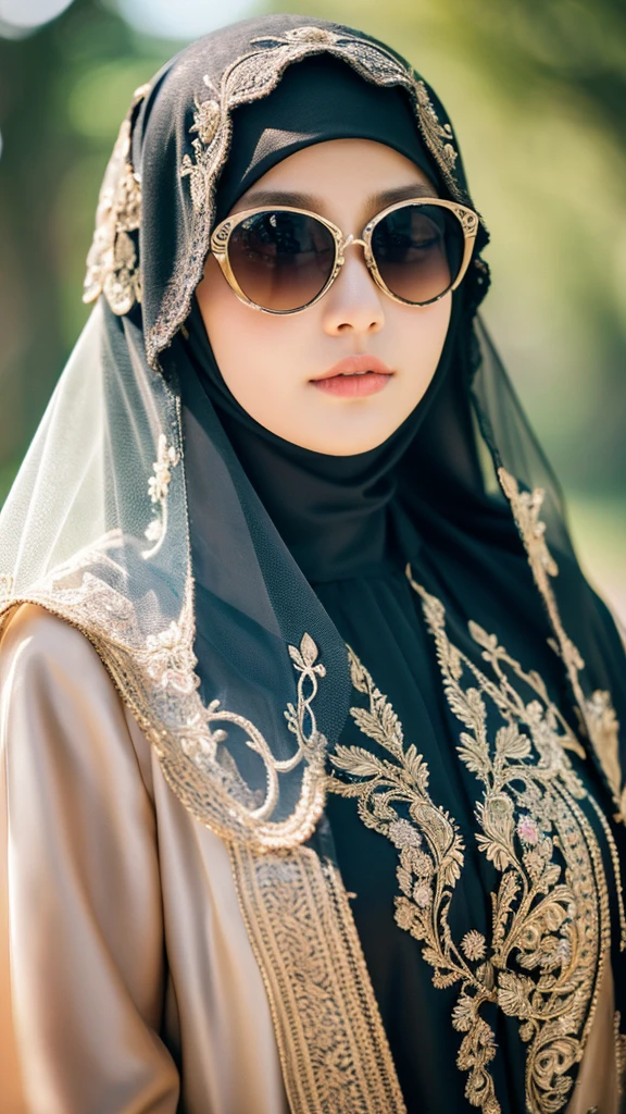 (masterpiece:1.4, best quality), (intricate details), unity 8k wallpaper, ultra detailed, 1girl, veil hijab, sunglasses, selfie