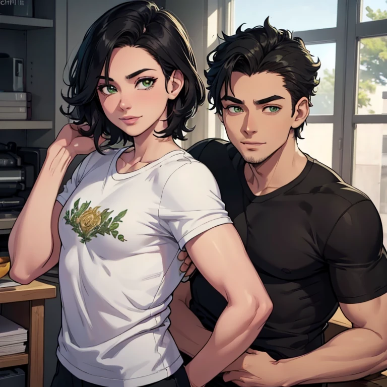 1 handsome young man in his early 20s, green eyes, olive skin, mid length black hair combed to one side, playful smile, tall, athletic body, white t shirt, cargo pants, (best quality,8k,highres,masterpiece:1.2),ultra-detailed,(realistic,photorealistic,photo-realistic:1.37),portrait,studio lighting,sharp focus,physically-based rendering,vivid colors,warm lighting