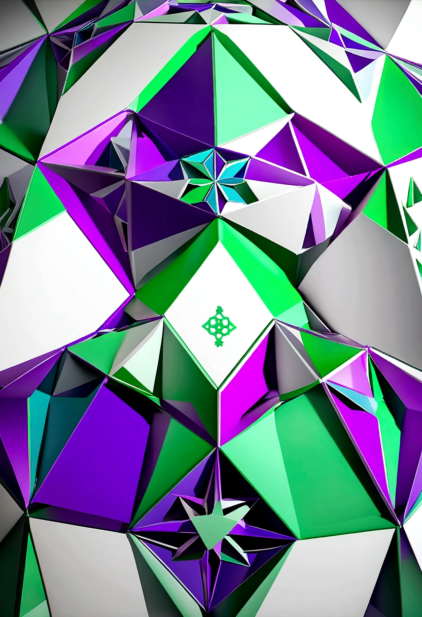 logo 3d, flower of life geometric symbol, solid colors ( verde, azul e roxo), fundo branco, 4k, borda arredondada, tridimensional
