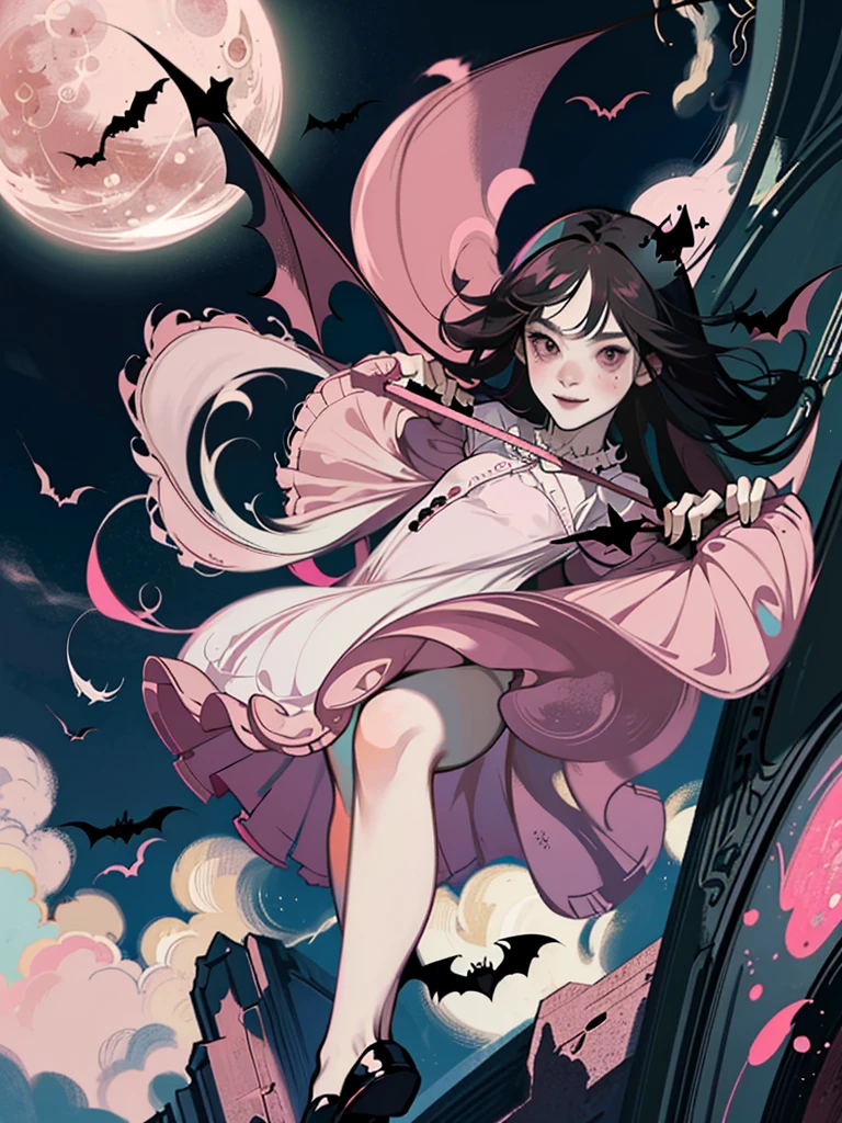 (((Visual impact,flying shadow))),((((flying bats,bats shadow,grow pink moon)))),((round frame:1.3)),full moon,bloody moon,(City of night,in street),(lamp),(large gate:1.3),(sence of depth:1.5),(madeon) BREAK solo,girl,kawaii,vampire girl,((black_hair,long hair,black_eyes)),(((sadistical smile))),pure white skin,[flushed face elbows knees shoulders],(pink_Pupils),(Gothic dress,classic dress),(((elegant posing))),(absurdres,highres,superlative),((texture)),((contrast)),(top quality,masterpiece),