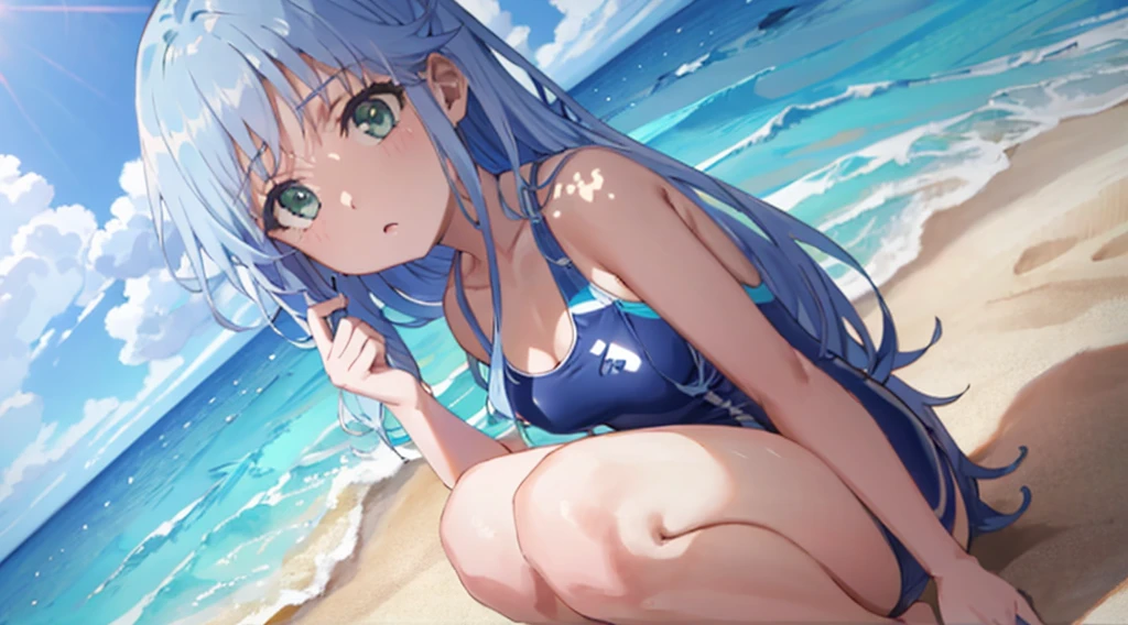 Highest quality, 4K, One woman in a swimsuit, Blue hair long, Big eyes, Young face, Small modest breasts, Small breasts, Slender Body, White one piece swimsuit, Crouching on the beach, squat, Open your knees wide, Showing off your crotch, A close-up of the crotch from a low angle, Put your hands behind your head