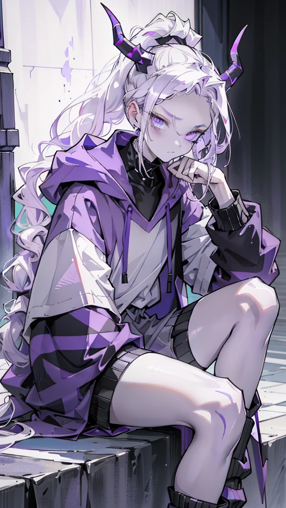 boy thoughtful look open forehead. white and purple hair braided in a ponytail on the left side to one side. sinuous black horns wrapped in dark purple ribbon. pale violet eyes. in short dark purple shorts. long white T-shirt. dark purple knee-high socks. white long coat with hood. black limit stone walls purple light from lamps sitting on the steps