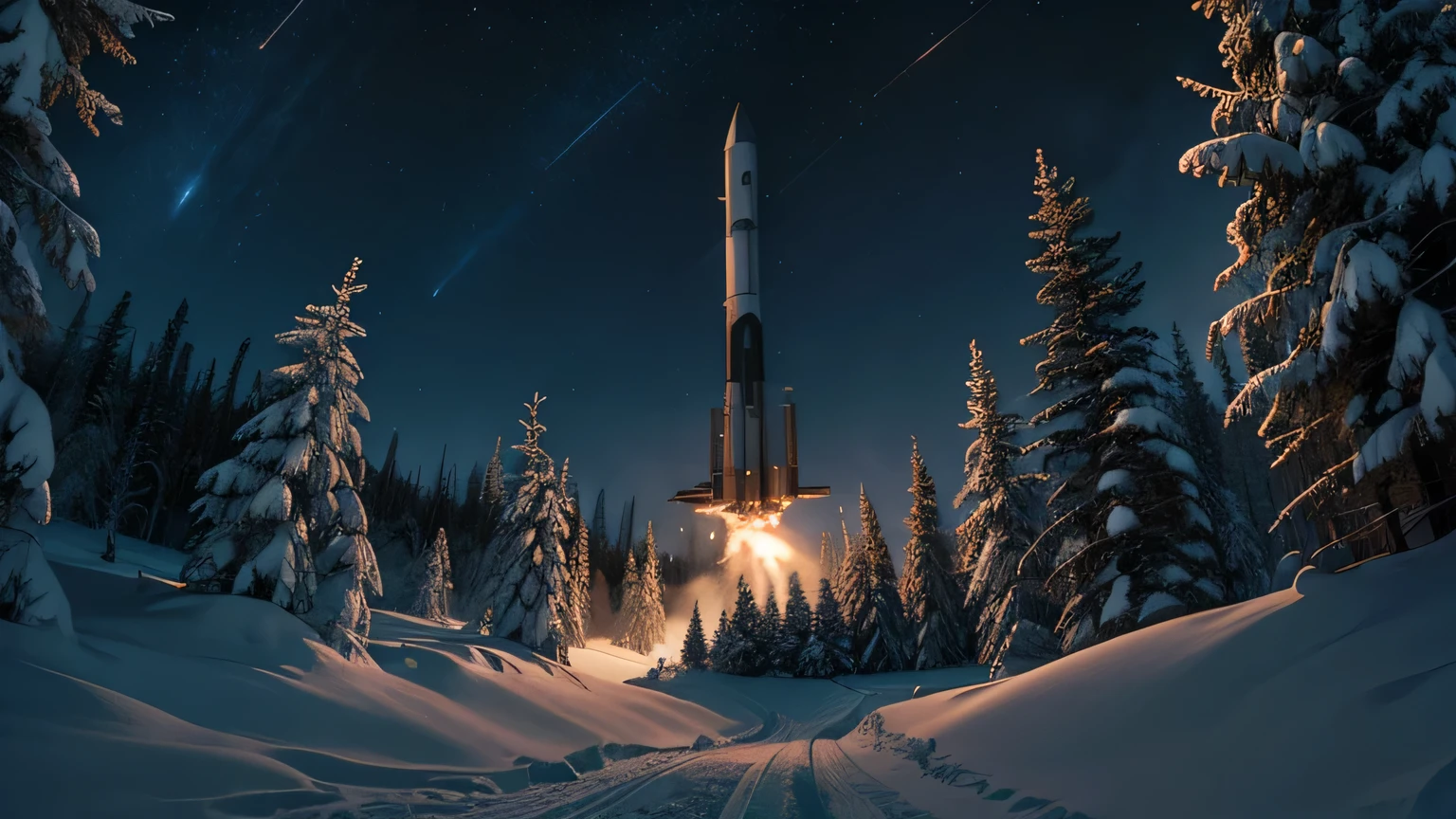 Dramatic lighting, chiaroscuro, missiles being launched over a spruce forest under deep snow