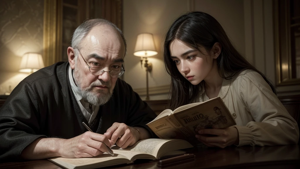 a detailed scene of people reading and studying a guide written by Padre Pio on how to prepare for the three days of darkness, highly detailed eyes and faces, beautiful lighting, warm color tones, intricate textures,photorealistic, masterpiece, ultra-detailed,HDR,physically-based rendering,professional,vivid colors