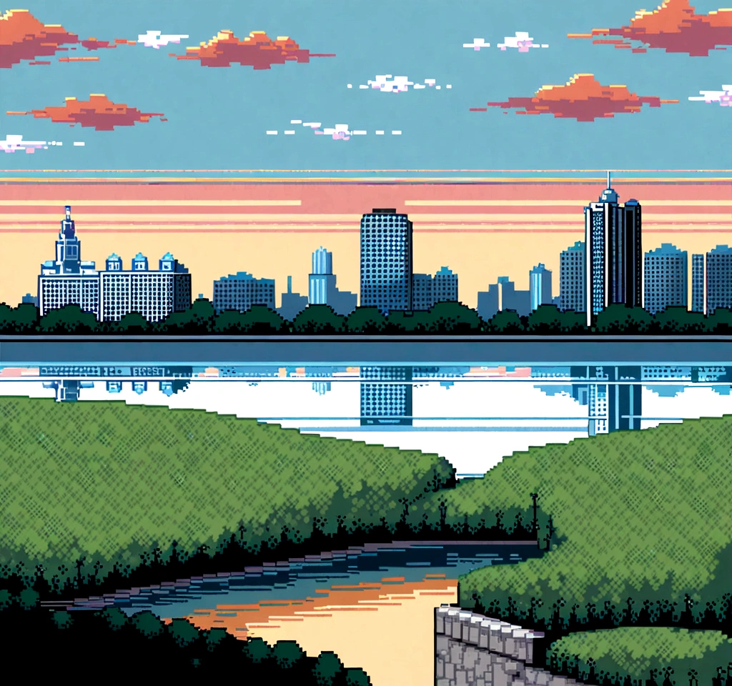 "Pixel art of Ver-o-Peso in Belém do Pará, with Belém skyline in shades of blue and colonial buildings, barracas coloridas de frutas tropicais, vendedores e clientes em pixel art, Guajará river in blue with reflections, vibrant Amazon vegetation, tropical sky with pixelated clouds, detalhes em arquitetura colonial e atividades locais, all with pixel-style solar lighting."