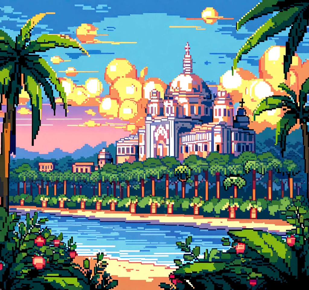 "Pixel art of Ver-o-Peso in Belém do Pará, with Belém skyline in shades of blue and colonial buildings, barracas coloridas de frutas tropicais, vendedores e clientes em pixel art, Guajará river in blue with reflections, vibrant Amazon vegetation, tropical sky with pixelated clouds, detalhes em arquitetura colonial e atividades locais, all with pixel-style solar lighting."






