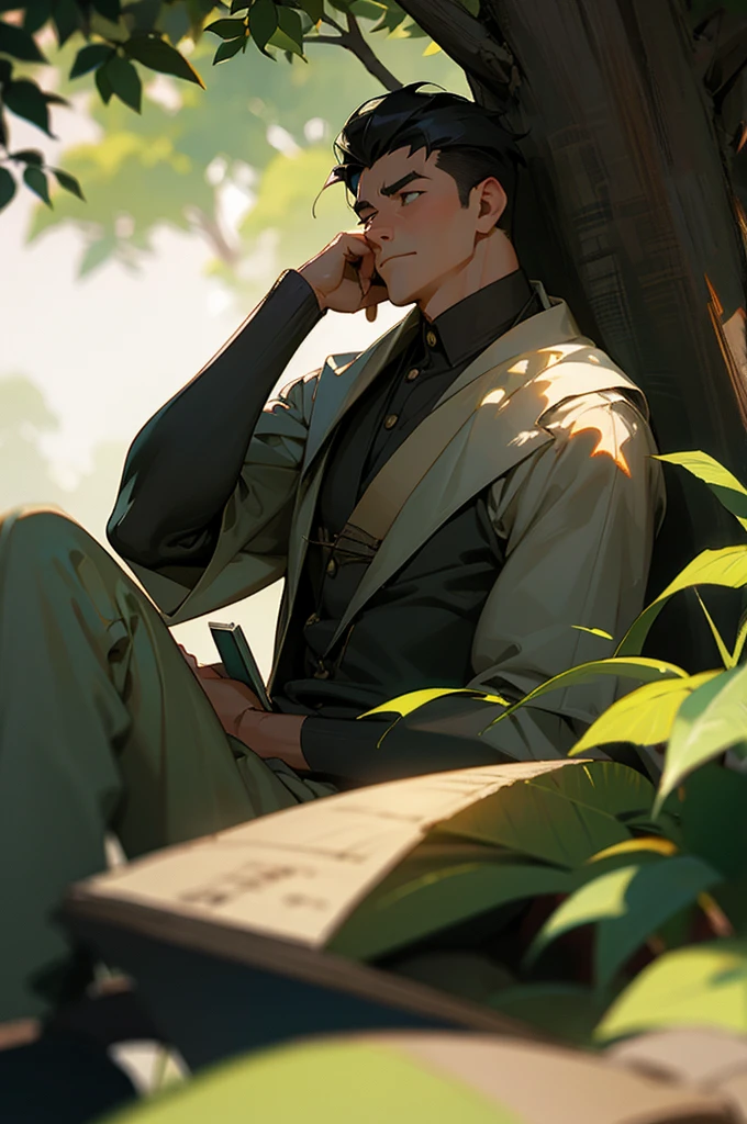 cinematic photo A man reading a book under a tree 35mm photograph, film, bokeh, professional, 4k, highly detailed
