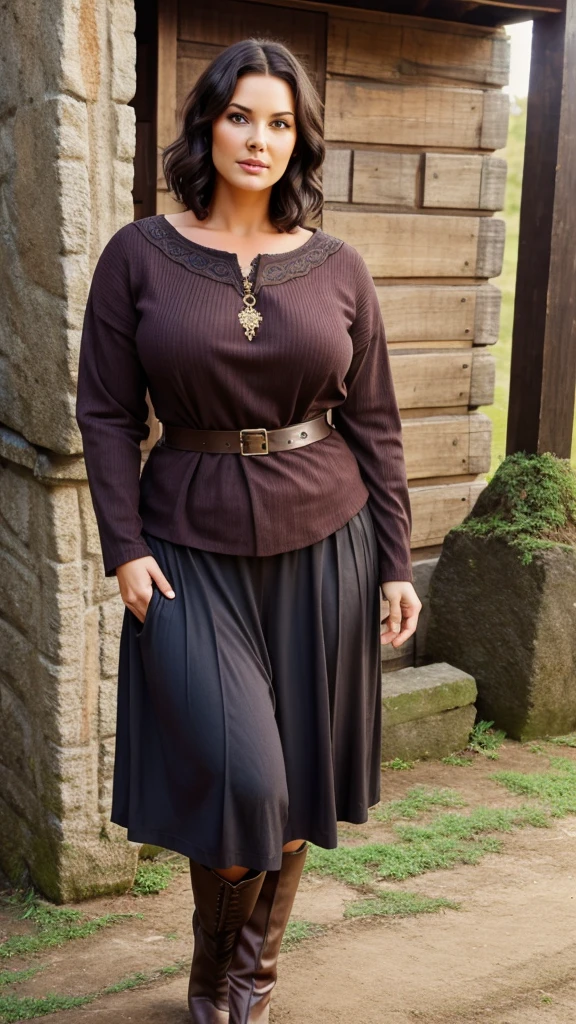 plus size woman, 45 years old, short dark hair. Clothing style feminine, viking, classical, and warm clothing, magical