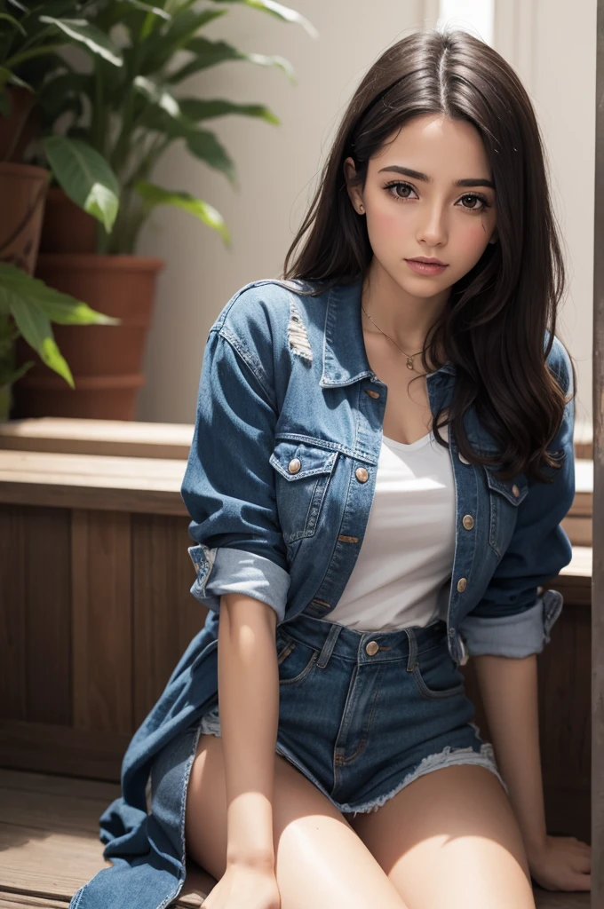 1 Girl, Solitary, an indonesian girl, Wearing a white short vest, Open denim jacket, Mini denim skirt, that small market, asymmetric posture, Beauty photography, Natural Lighting, Detail and complexity