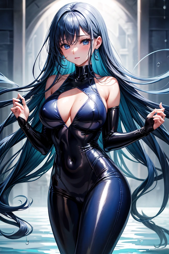 She is touching her clitoris、8k、、Highest quality、Tabletop、Ultra HD、Ultra-detailed、so beautiful、Ultra-detailed髪質、so beautiful、Portrait、Esbian all over、Captivating look、Beautiful woman、Long Blue Hair、blue eyes、Glowing Skin、bursting breasts、Very large breasts、Very big ass、Water droplets running down the skin、The background is a great night pool、Excessive pubic hair growth、Shiny dark blue rubber suit