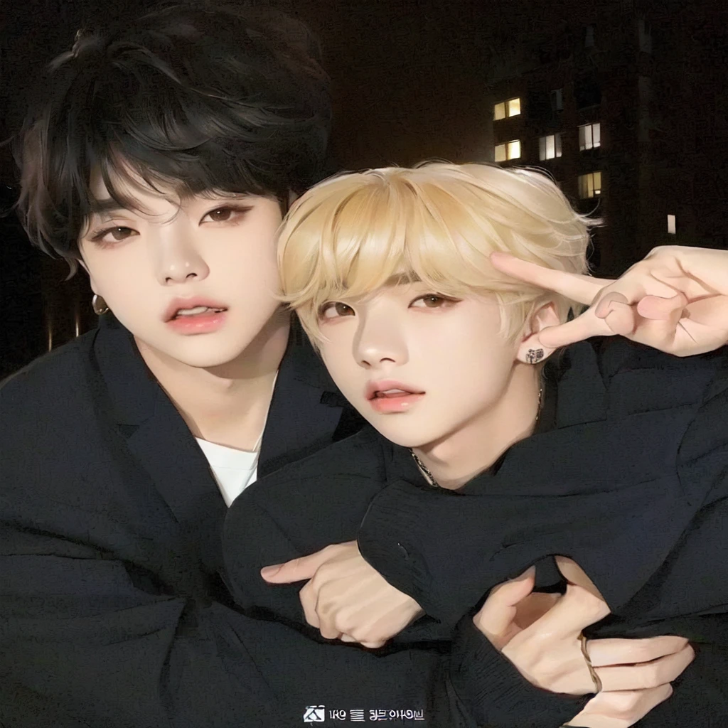 Two young people posing for a photo in a city at night., BTS, Jimin, jungkook, inspirado en Kun Can, kim doyoung, Jimin\los labios carnosos, muchachos guapos, cai xukun, nixeu y sakimichan, taken in the early 2020s, suave en _ el fondo, imagen filtrada, smol, yoongi de pelo negro, park jimin BTS, Jeon Jungkook, kpop hoy, Korea