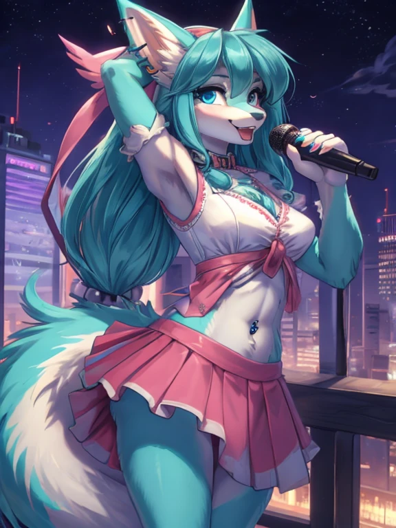 Chica anime,tennage girl 18 years old, anime style, cute hatsune miku x suicune, shy girl , Orejas de Kitsune, arte de dark natasha, city landscape, arte de vixen aztra, cuerpo completo, patas hermosas, cintura delgada, caderas amplias, navel white blouse, white&pink skirt, navel piercing, ear piercing, navel tattoo, atrevid pose, back pose, fluffly tail, sensual eyes (la mejor definicion) long hair, black flash, city party, city night life, party girl, idol girl, girl with microphone singing, deep blue eyes (HD), white&pink dress, moviendo las caderas, cinturon de cadera, sensual girl dancing