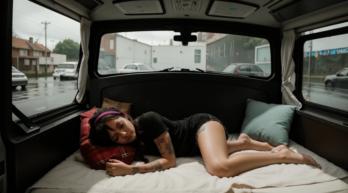 A punk rock girl is sleeping inside a van at night next to her theres window and it is raining