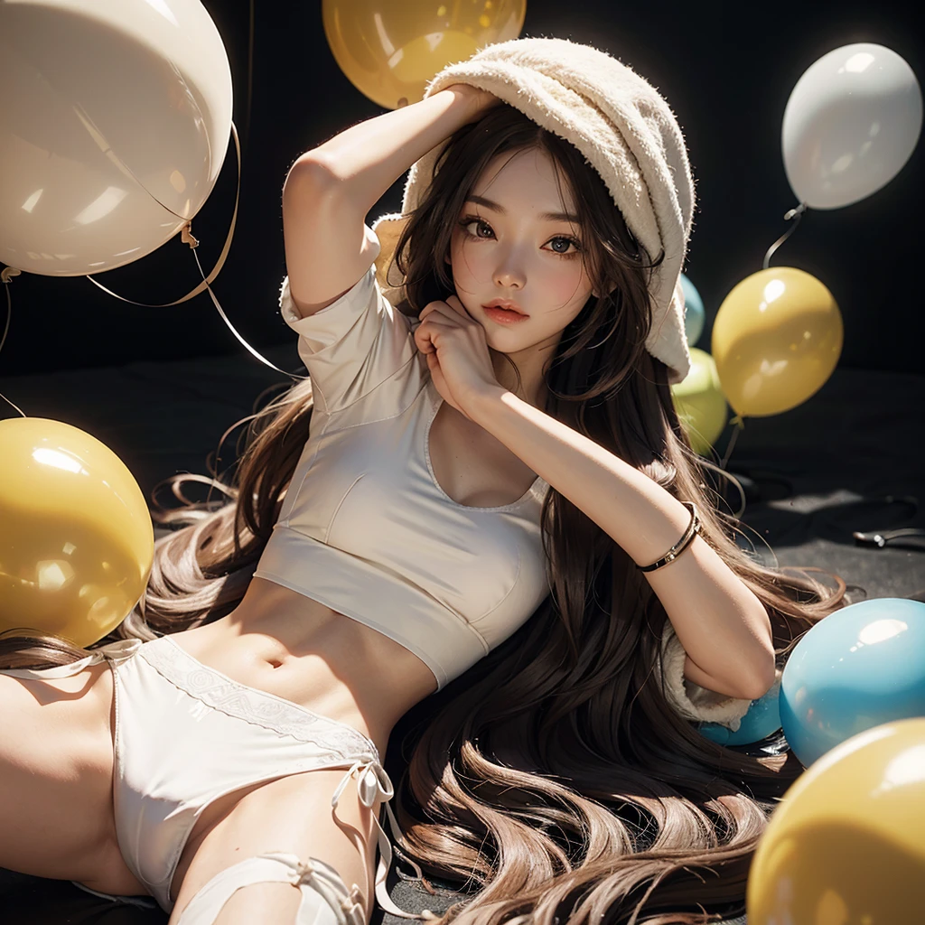 The girl with long hair lying in the cream and holding a balloon in one hand