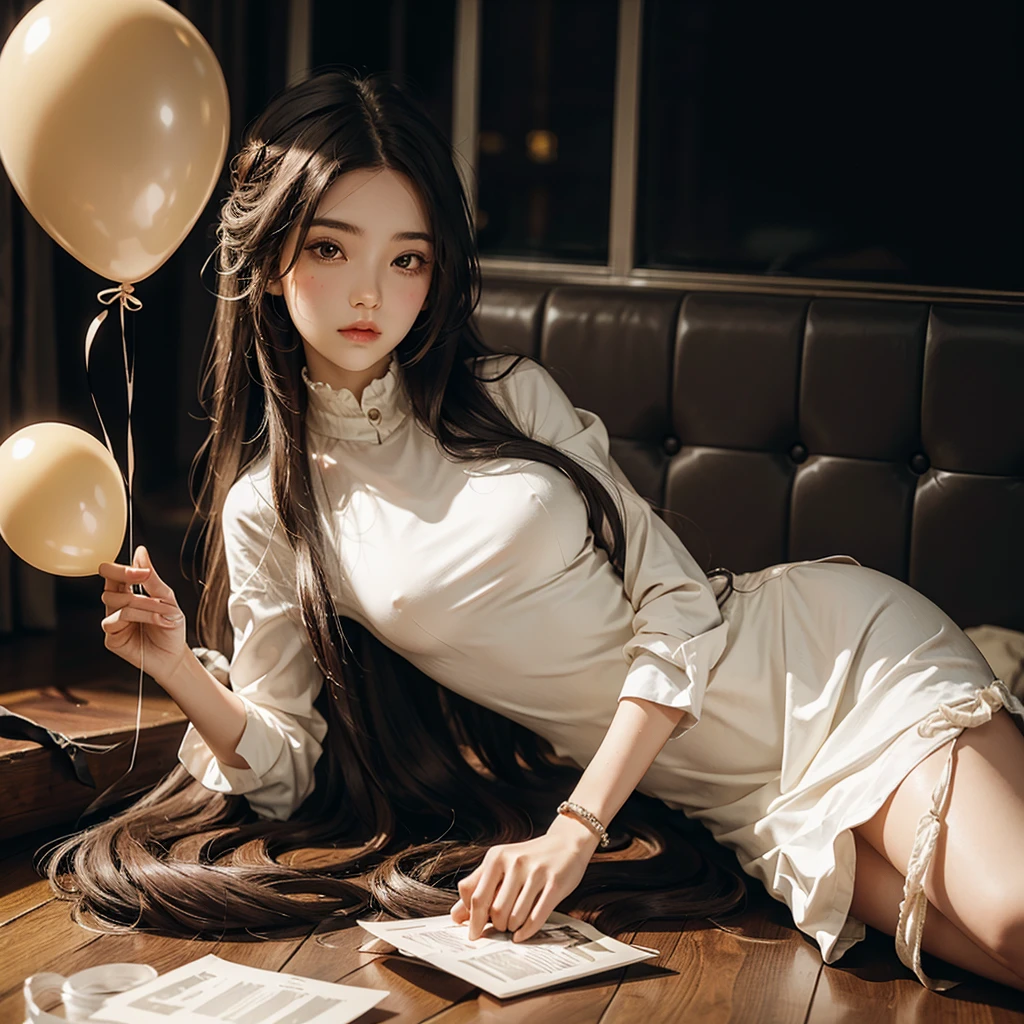 The girl with long hair lying in the cream and holding a balloon in one hand