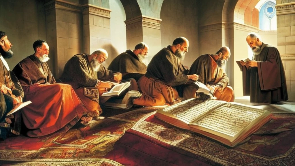 a detailed scene of people reading and studying a guide written by Padre Pio on how to prepare for the three days of darkness, highly detailed eyes and faces, beautiful lighting, warm color tones, intricate textures,photorealistic, masterpiece, ultra-detailed,HDR,physically-based rendering,professional,vivid colors