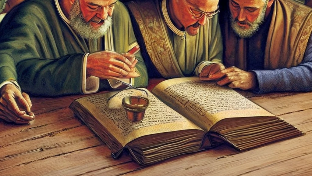 a detailed scene of people reading and studying a guide written by Padre Pio on how to prepare for the three days of darkness, highly detailed eyes and faces, beautiful lighting, warm color tones, intricate textures,photorealistic, masterpiece, ultra-detailed,HDR,physically-based rendering,professional,vivid colors