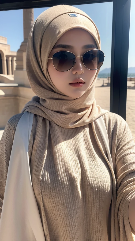 (masterpiece:1.4, best quality), (intricate details), unity 8k wallpaper, ultra detailed, 1girl, hijab, sunglasses, selfie